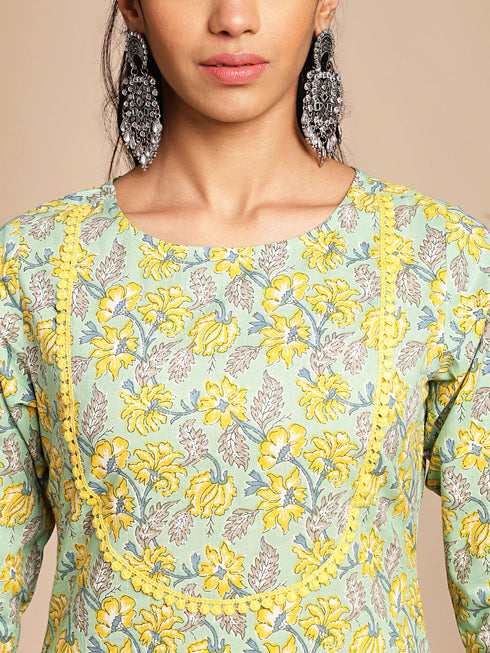 Light Green Cotton Floral Straight Co-ord Set